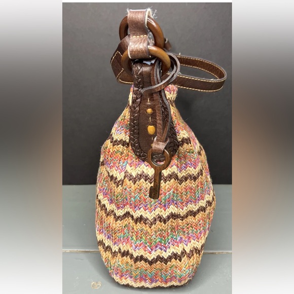Fossil Womens Shoulder Purse Leather Trim Studded Raffia Weave Straw Multicolor - Picture 2 of 7